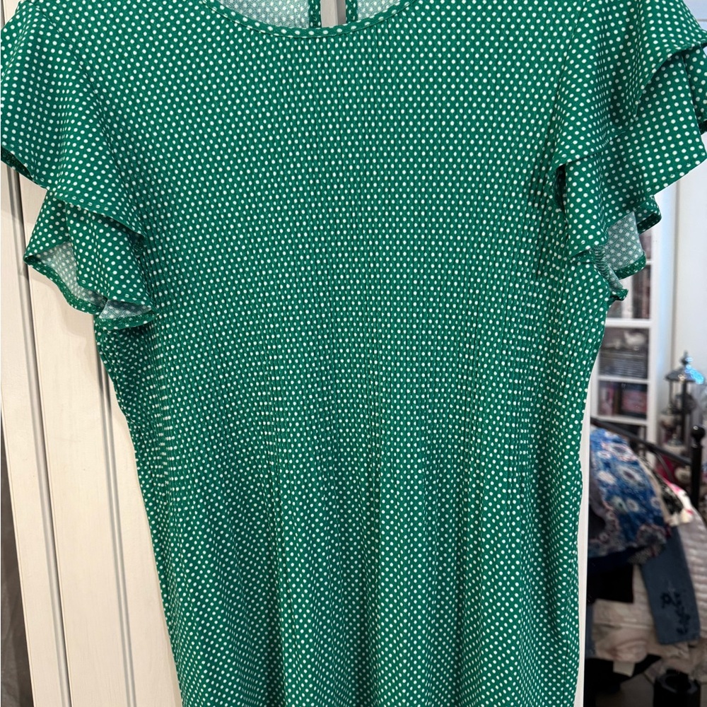 Adrianna Papell Teal and White Polka Dot Dress